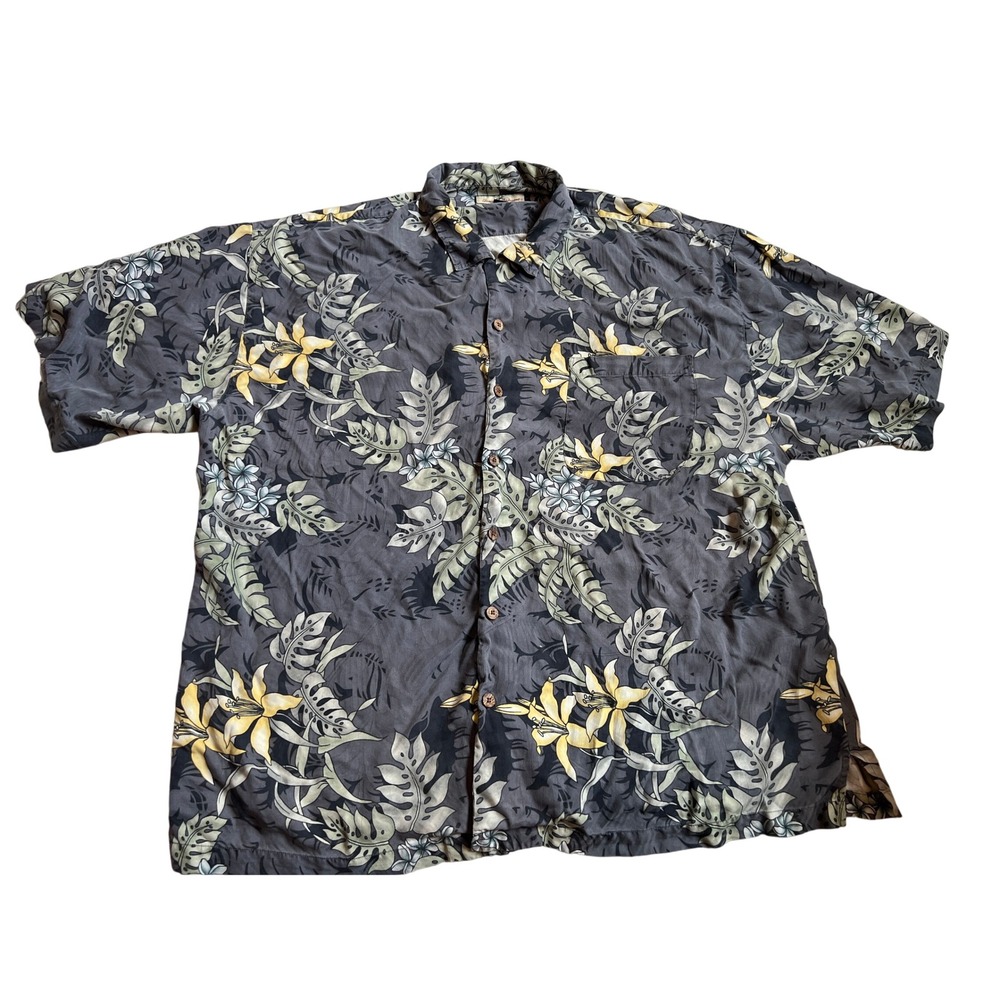 Tommy Bahama Silk Gray Tropical Floral Short Sleeve Button Up Shirt SzXXL